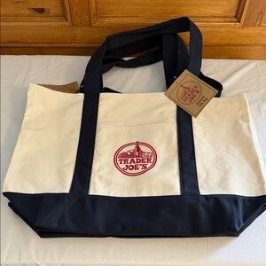 Trader Joe’s Large Canvas Tote Bag | Navy Strap Embroidered Logo | NWT
